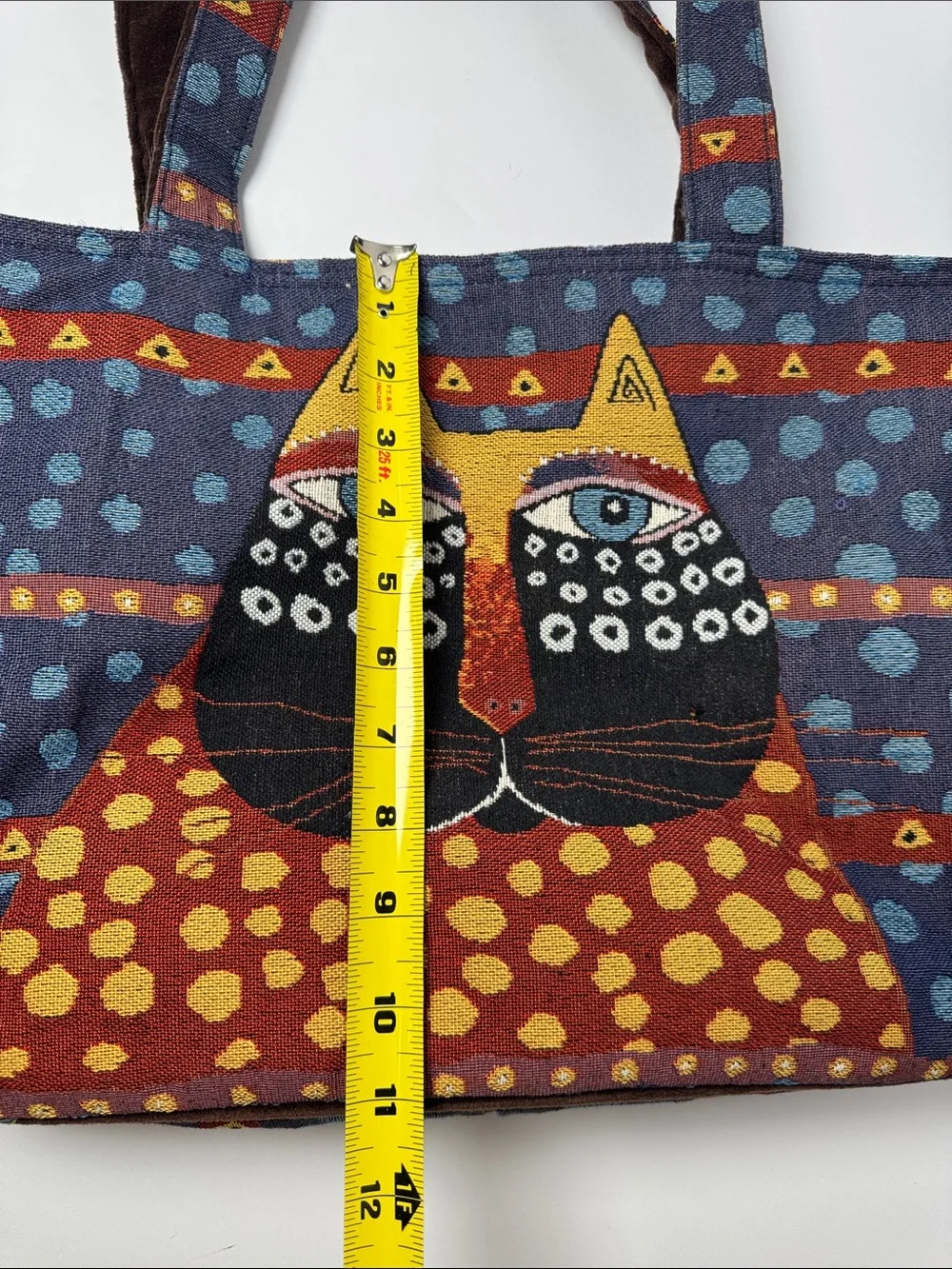 LAUREL BURCH Cat Tapestry Tote Bag Multicolor Brown Velvet Straps Zipper Closure